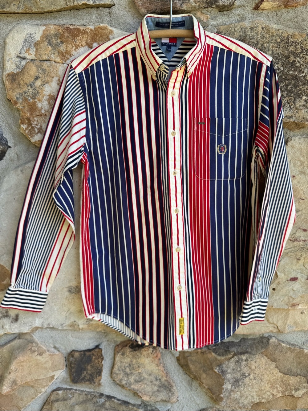 Vintage 90s Y2K Tommy Hilfiger Red, Navy & White Striped Button-Down Shirt Large